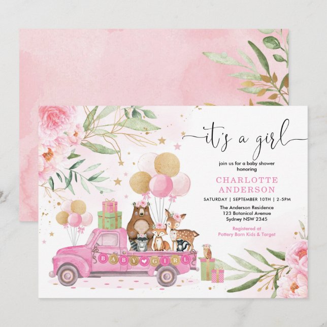 Es ist ein Mädchen! Pink Gold Floral Woodland Baby Einladung (Vorne/Hinten)