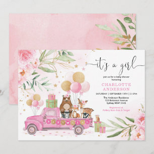 Es ist ein Mädchen! Pink Gold Floral Woodland Baby Einladung