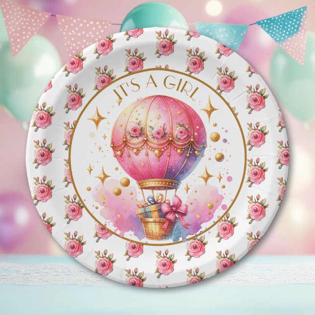Es ist ein Mädchen | Pink Hot Air Ballon Babydusch Pappteller (Von Creator hochgeladen)
