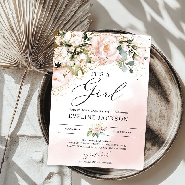 Es ist ein Mädchen pinkfarbene goldene Boho Babydu Einladung (It's a girl pink floral gold boho baby shower invitation)