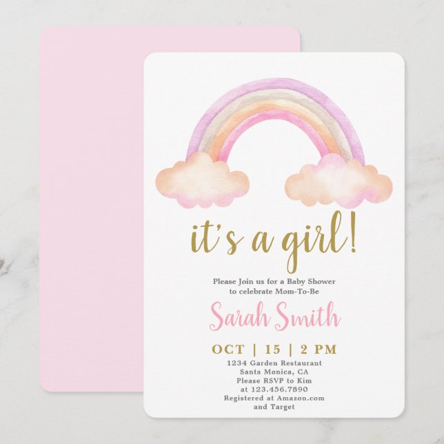 Es ist ein Mädchen Rainbow Baby Shower Einladung (Vorne/Hinten)