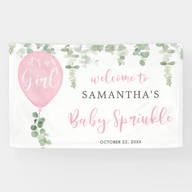 Es ist ein Mädchen rosa Ballon Eukalyptus Baby Spr Banner (Horizontal)