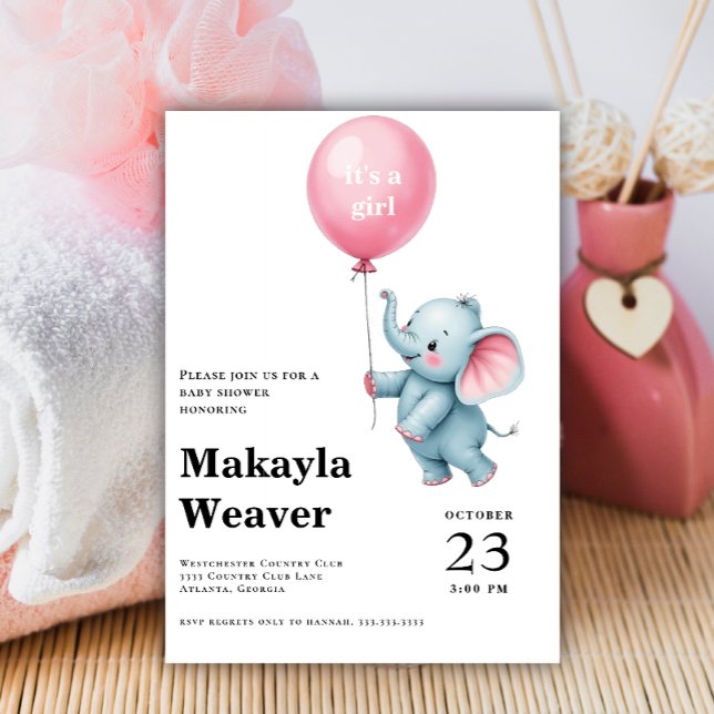 Es ist ein Mädchen rosa Ballon niedliche Elefanten Einladung (Von Creator hochgeladen)
