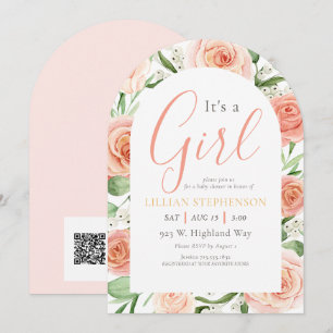 Es ist ein Mädchen - Rosa Florales Baby Shower QR Einladung