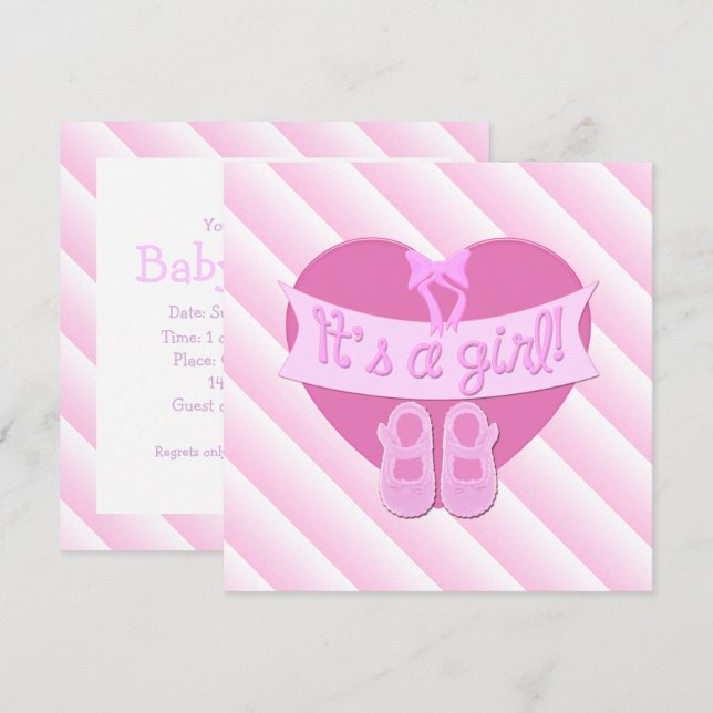 Es ist ein Mädchen rosa Heart Bow Schuhe Baby Dusc Einladung (Vorne/Hinten)