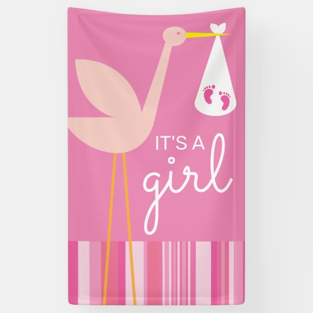 Es ist ein Mädchen | Rosa Streifen und Storch Banner (Vertikal)