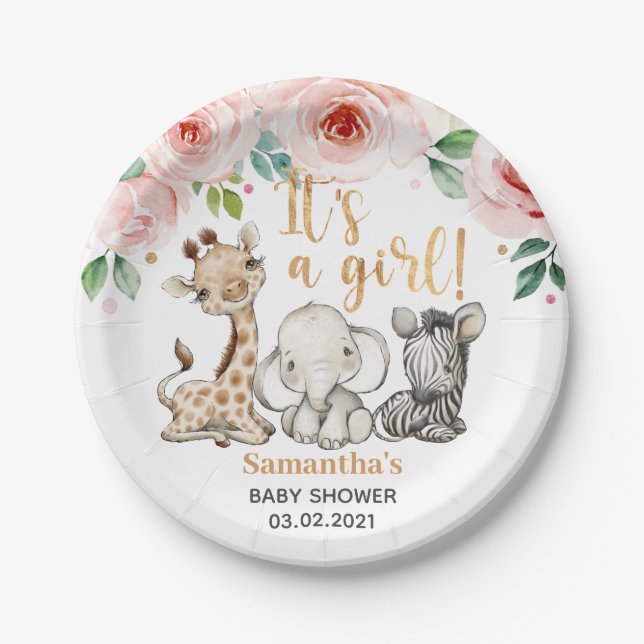 Es ist ein Mädchen! Safari Animals Baby Dusche Pappteller (Vorderseite)