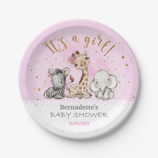 Es ist ein Mädchen! Safari Animals Baby Shower Pla Pappteller (Vorderseite)