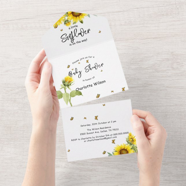 Es ist ein Mädchen! Sonnenblumen & Schmetterlinge  All In One Einladung (Abreißtisch)