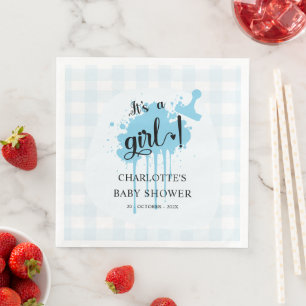 Es ist ein Mädchen Süße Pastellblaue Gingham-Babyp Serviette
