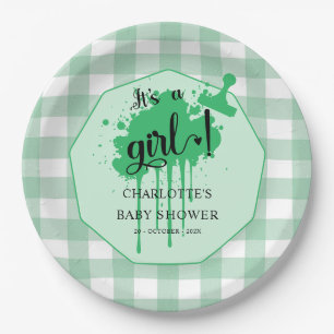 Es ist ein Mädchen Süße Pastellgrüne Gingham-Babyp Pappteller