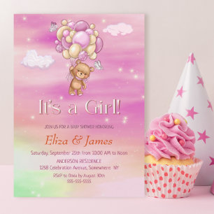 Es ist ein Mädchen! Teddy Bear Pink Balloons Babyd Einladung
