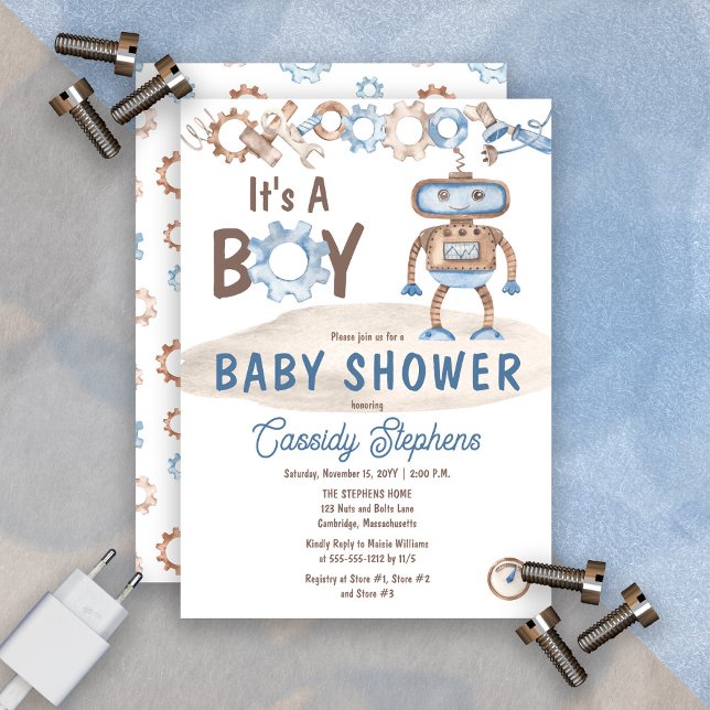 Es ist ein Niedlicher Junge blau | Greige Robot Ba Einladung (It's A Boy Cute Blue and Greige Robot Baby Shower Invitation)