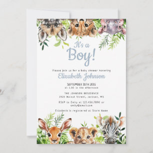 Es ist eine Baby-Aquarell-Safari-Tiere Kinderdusch Einladung