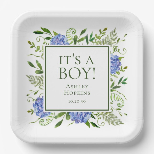 Es ist eine Baby Blue Hydrangeas Baby Dusche Pappteller (Vorderseite)