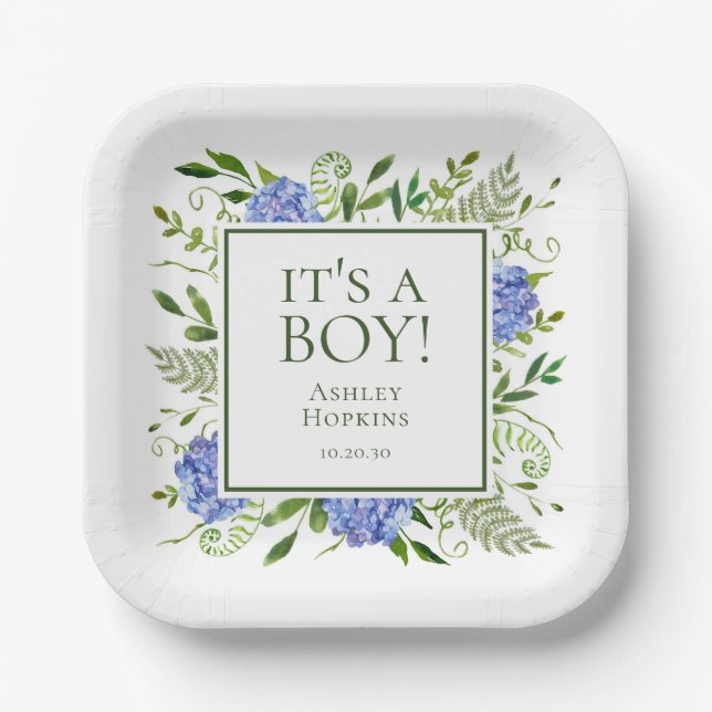 Es ist eine Baby Blue Hydrangeas Baby Dusche Pappteller (Vorderseite)
