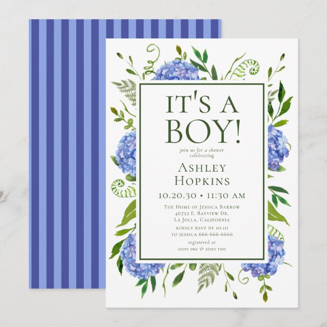 Es ist eine Baby Blue Hydrangeas Babydusche Einladung (Vorne/Hinten)