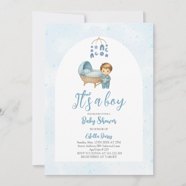 Es ist eine Baby Blue Mobile Crib Baby Babydusche Einladung (Vorderseite)
