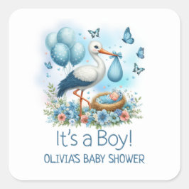 Es ist eine Baby Blue Stork Baby Dusche Quadratischer Aufkleber