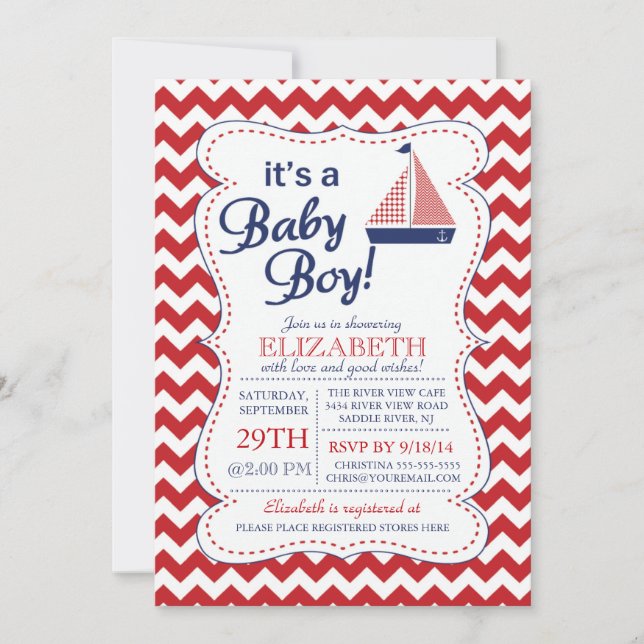 Es ist eine Baby Boy Sailboat Nautical Baby Shower Einladung (Vorderseite)