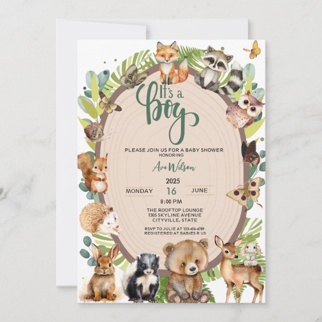 Es ist eine Baby-Dusche für Boy Woodland Animals F Einladung (Vorderseite)