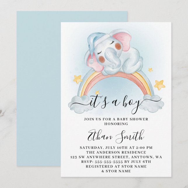 Es ist eine Baby Elephant Rainbow Watercolor Babyd Einladung (Vorne/Hinten)