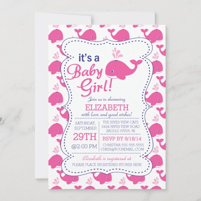 Es ist eine Baby Girl Whale Nautical Baby Dusche Einladung (Vorderseite)