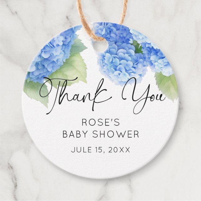 Es ist eine Baby Hydrangea Blue Flowers Baby Dusch Geschenkanhänger (Vorderseite)