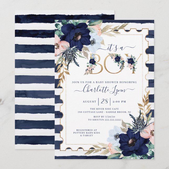 Es ist eine Baby Navy Blue & Blush Floral Baby Dus Einladung (Vorne/Hinten)
