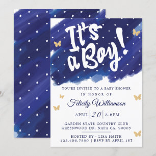 Es ist eine Baby Navy & Gold Watercolor Babydusche Einladung