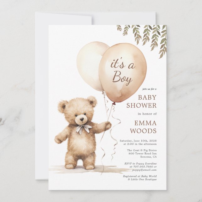 Es ist eine Baby-Teddy-Bären-Balloons-Babydusche Einladung (Vorderseite)