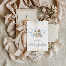 Es ist eine Baby-Teddy-Bären-Boho Blue-Baby-Dusche Einladung