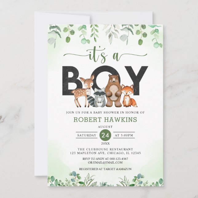 Es ist eine Babydusche aus Boy Forest Woodland Ani Einladung (Vorderseite)