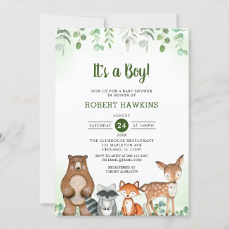 Es ist eine Babydusche aus Boy Woodland Forest Ani Einladung