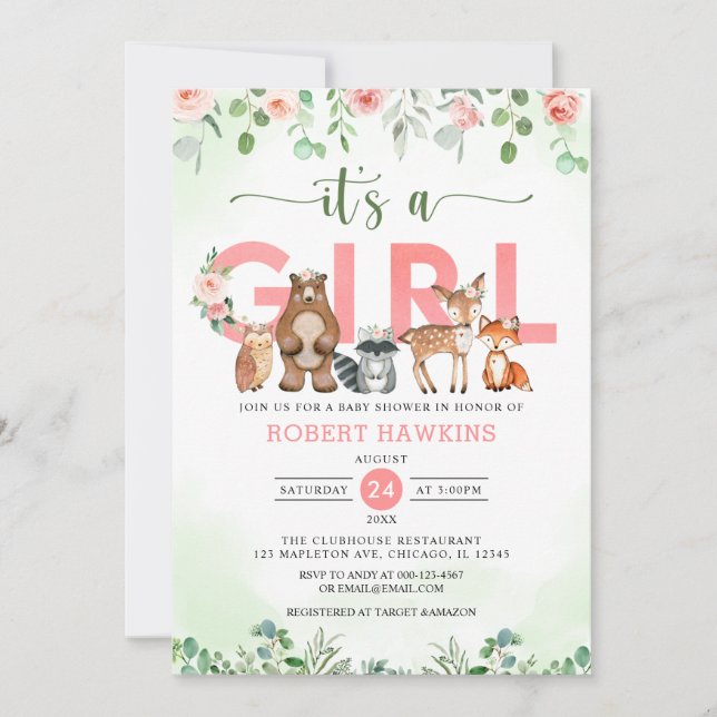 Es ist eine Babydusche aus Girl Forest Woodland An Einladung (Vorderseite)