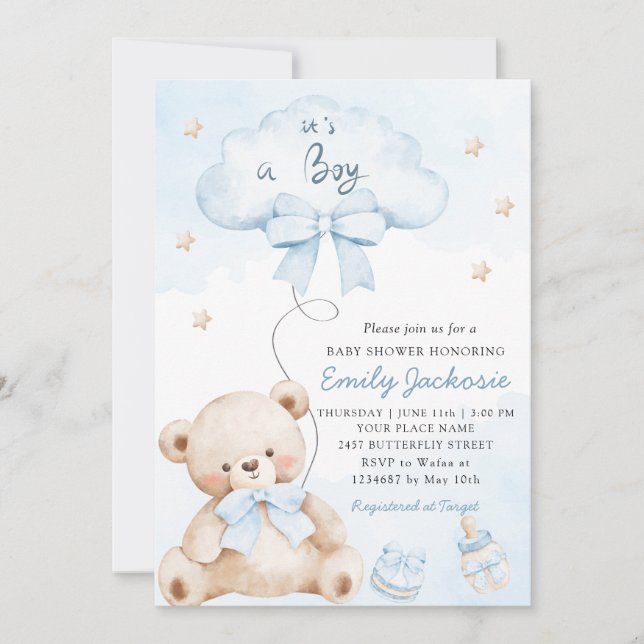 Es ist eine Boho-blaue niedliche Teddybär-Babydusc Einladung (Vorderseite)
