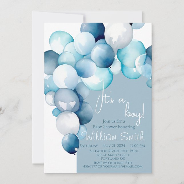 Es ist eine Boy-Blue-Ballons-Boy-Babydusche Einladung (Vorderseite)