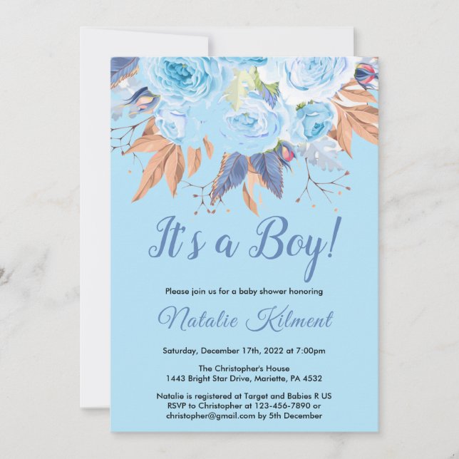 Es ist eine Boy Blue Botanical Floral Boy Baby Dus Einladung (Vorderseite)