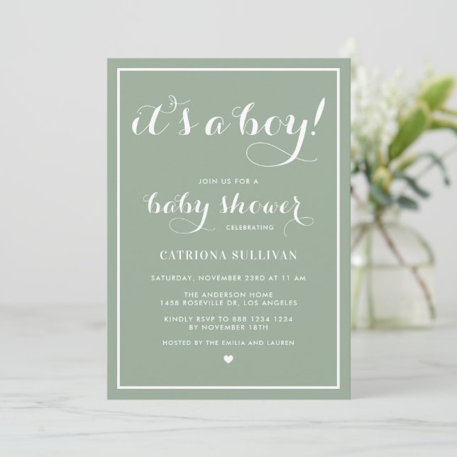 Es ist eine Boy Calligraphy Sage Green Baby Shower Einladung (Stehend Vorderseite)