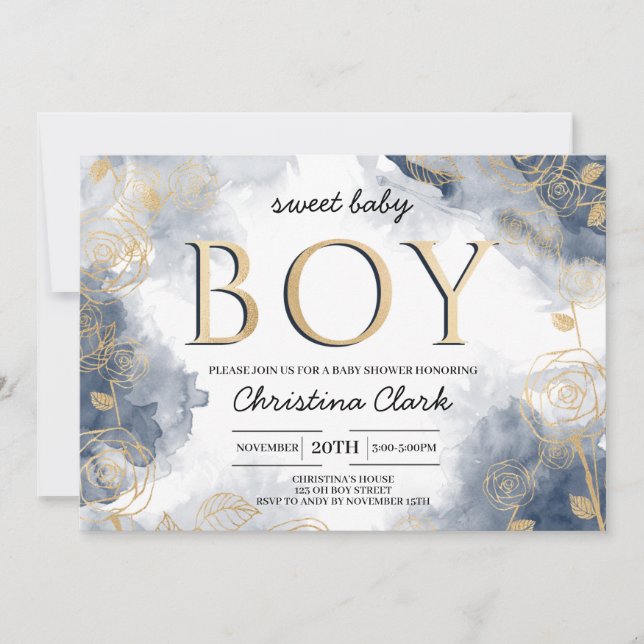 Es ist eine Boy Elegant Gold Navy Blue Baby Dusche Einladung (Vorderseite)
