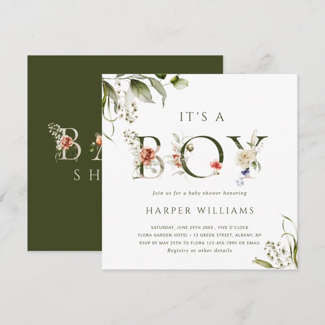 Es ist eine Boy Floral Botanical Letter Baby-Dusch Einladung (Vorne/Hinten)