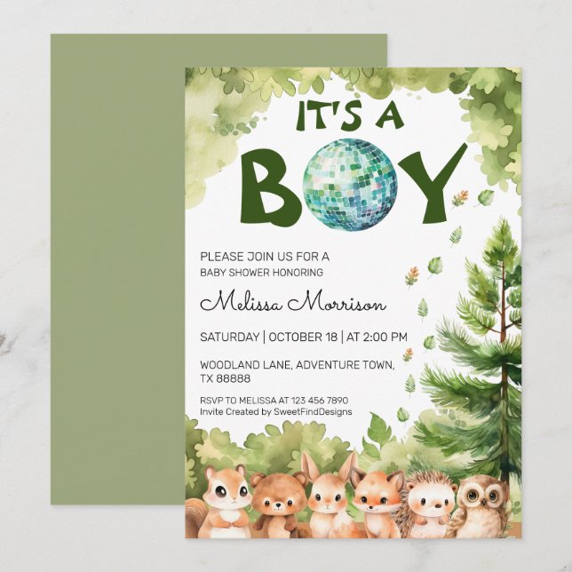 Es ist eine Boy Forest Disco Ball Baby Boy Dusche Einladung (Vorne/Hinten)