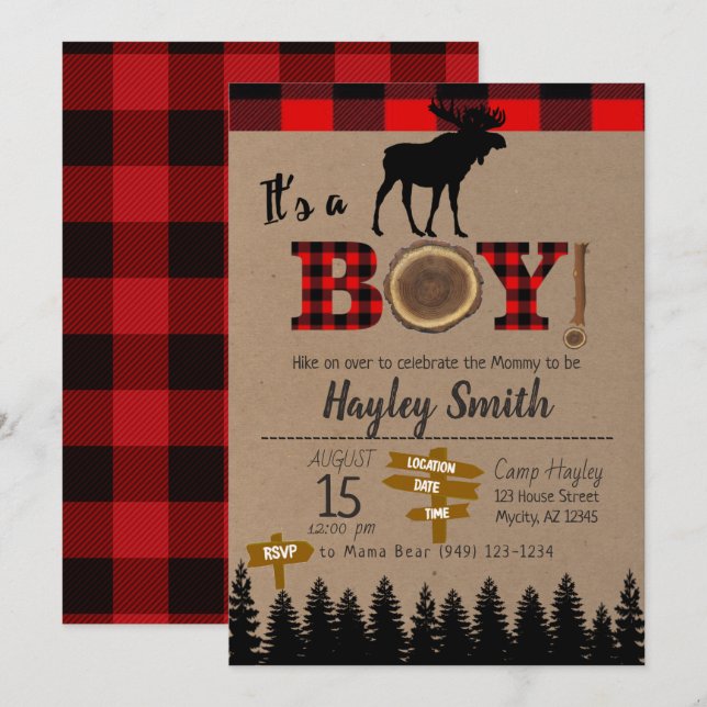 Es ist eine Boy Moose Flannel Karierte Babydusche Einladung (Vorne/Hinten)