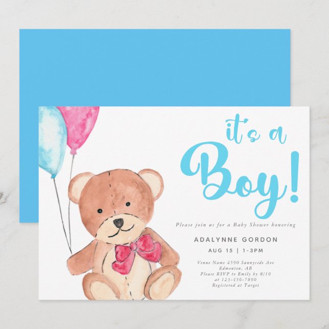 Es ist eine Boy Teddy Bear Baby Dusche Farbe Aquar Einladung (Vorne/Hinten)