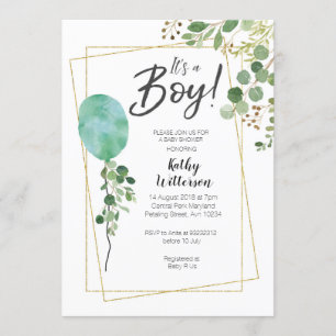 Es ist eine Boy Watercolor Greenery oh Babydusche Einladung