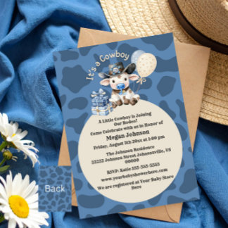 Es ist eine Cowboy Blue & Beige Baby Dusche Einlad Einladung