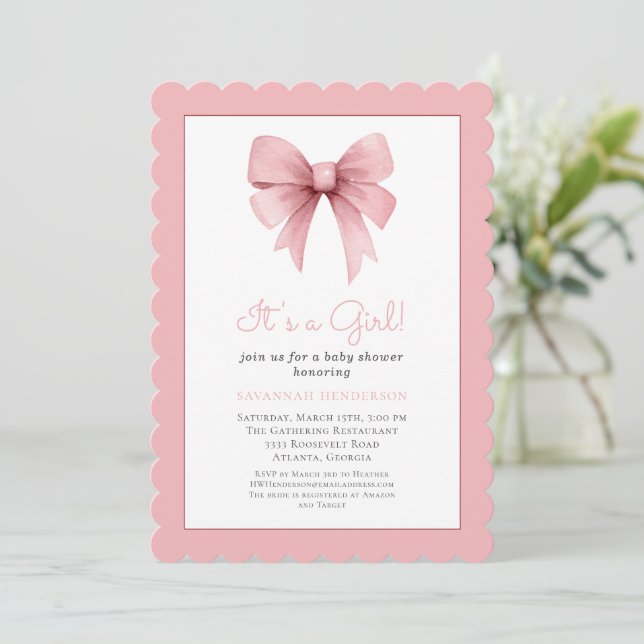 Es ist eine Einladung für eine Girl Pink Bow Baby  (Stehend Vorderseite)