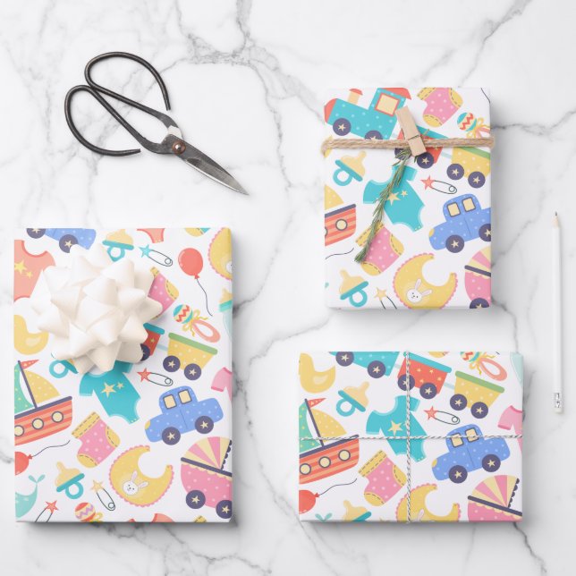 Es ist eine farbenfrohe Babydusche Geschenkpapier Set (Vorderseite)