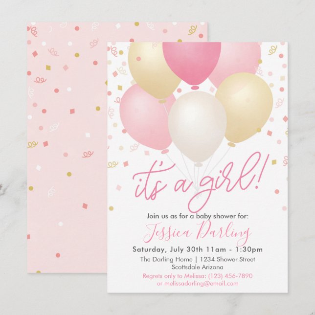 Es ist eine Girl Baby Dusche Pink Balloons und Con Einladung (Vorne/Hinten)