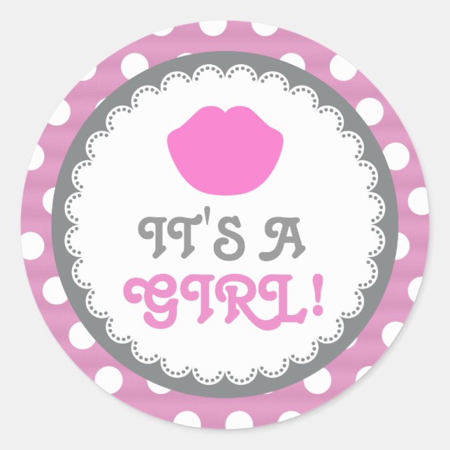 Es ist eine Girl Baby Shower Ankündigung Polka Dot Runder Aufkleber (Vorderseite)